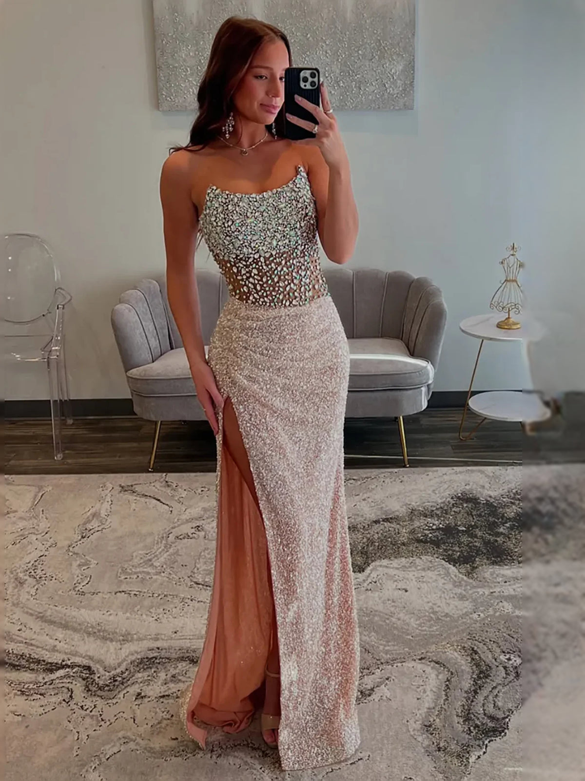 Champagne maxi prom dress, front view showing the mermaid silhouette