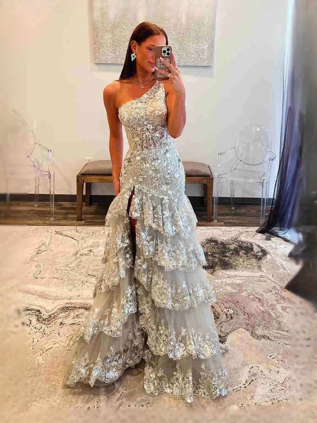 Silver floor-length prom dress, front view showing the mermaid silhouette