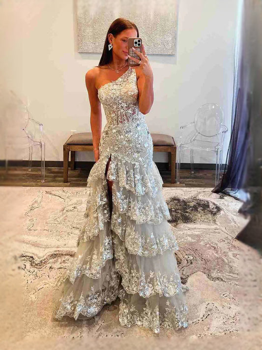 Silver floor-length prom dress, front view showing the mermaid silhouette