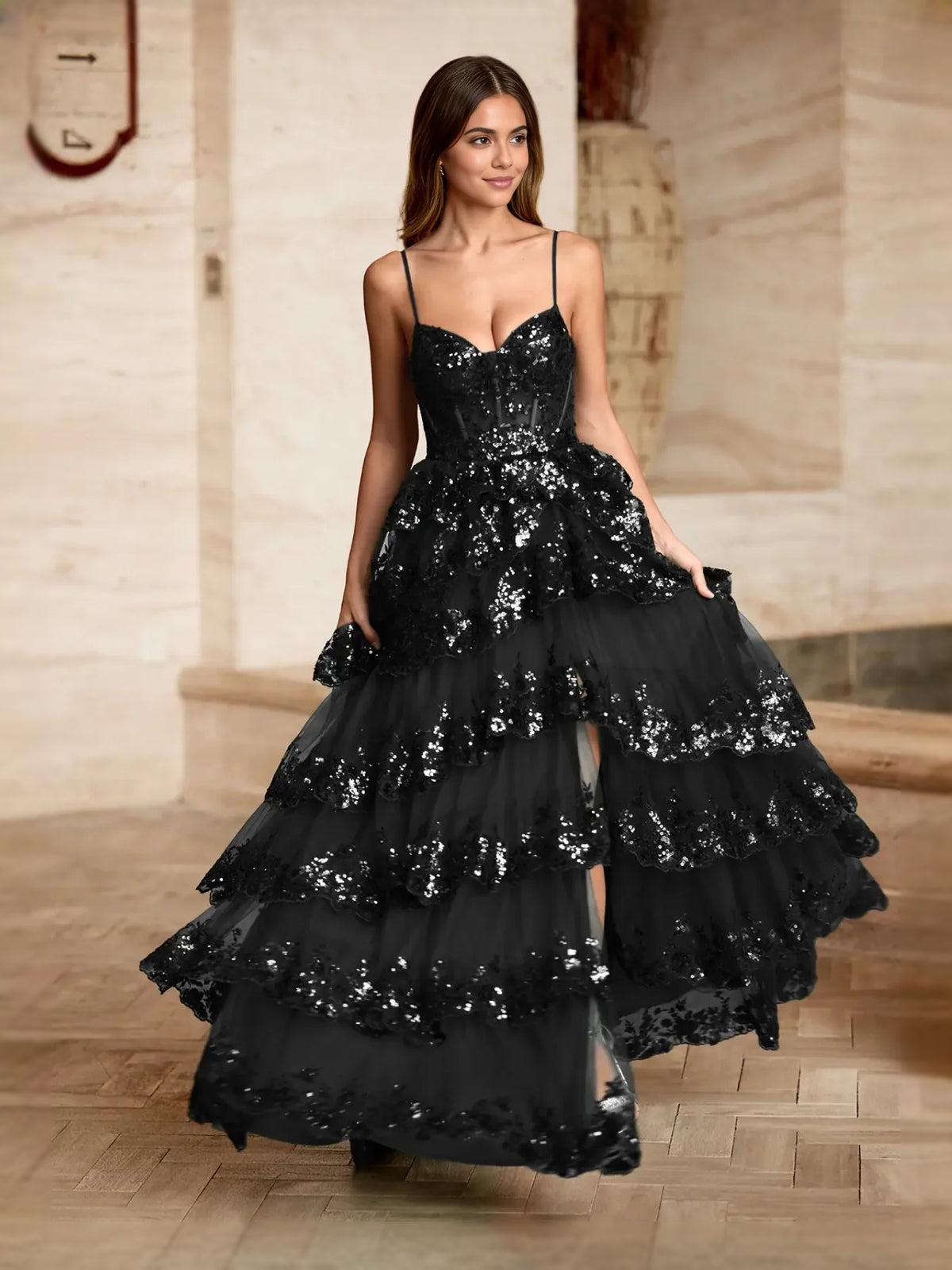 Black floor-length prom dress, front view showing the a-line silhouette