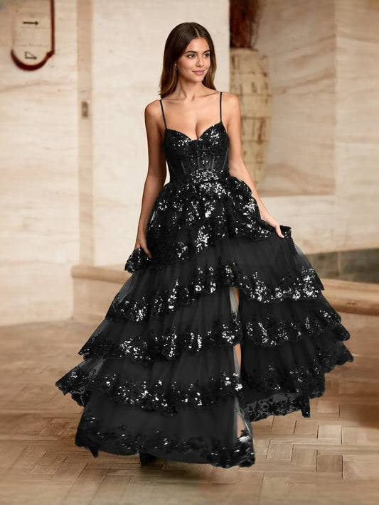 Black floor-length prom dress, front view showing the a-line silhouette