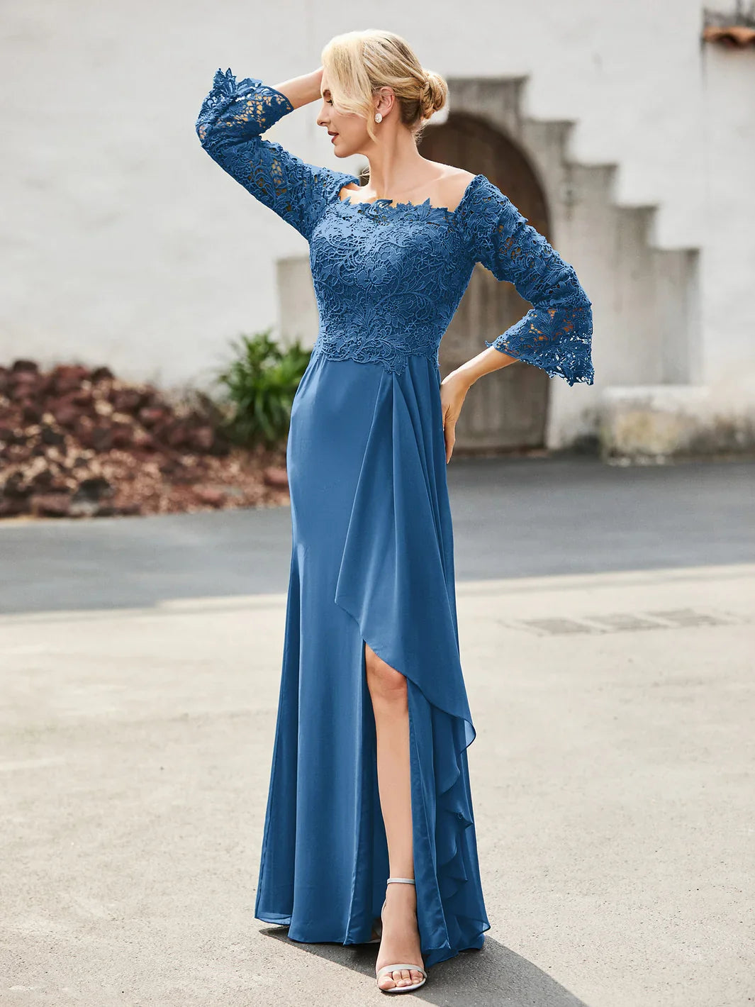 Lapis Blue floor-length mother of the bride dress, front view showing the a-line silhouette