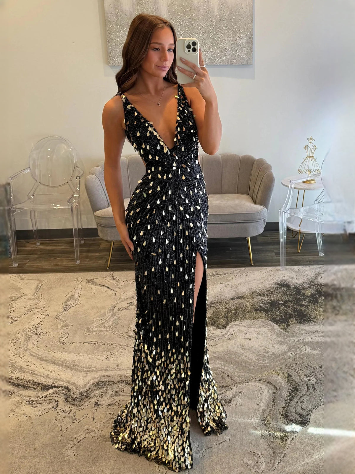 Black floor-length prom dress, front view showing the mermaid silhouette