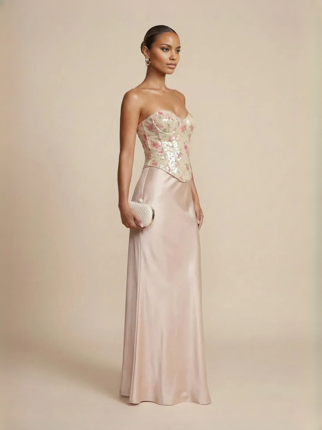 As Picture maxi prom dress, front view showing the sheath silhouette
