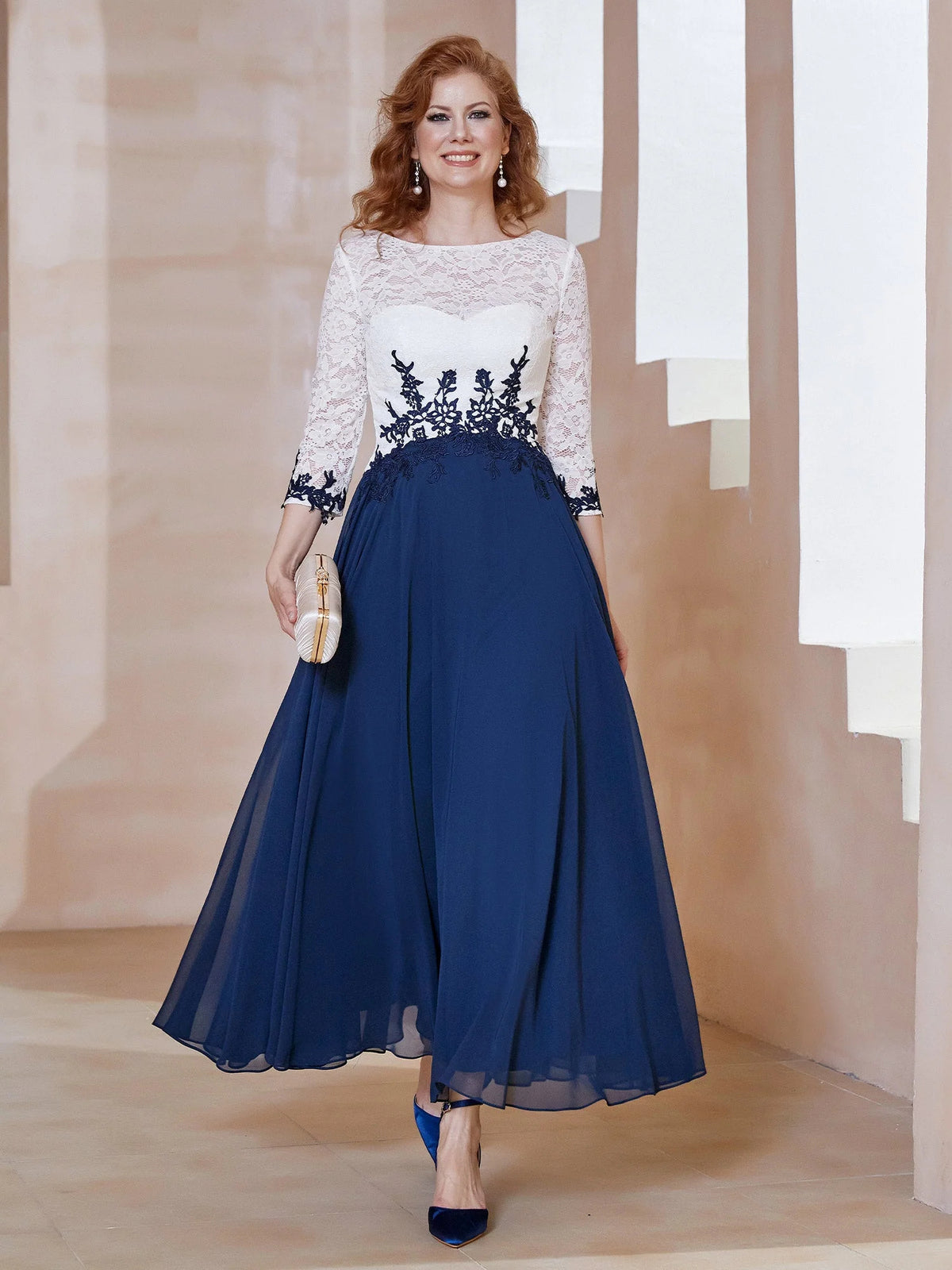Dark Navy a-line ankle-length formal dress with floral print, full-length front view