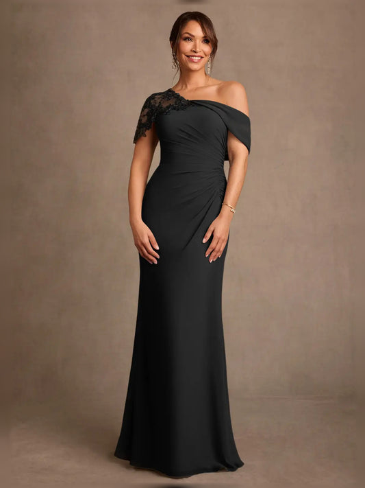 Black floor-length mother of the bride dress, front view showing the sheath silhouette