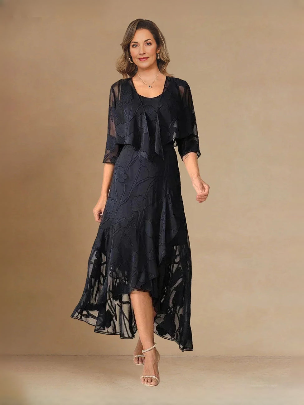 Dark Navy midi mother of the bride dress, front view showing the a-line silhouette