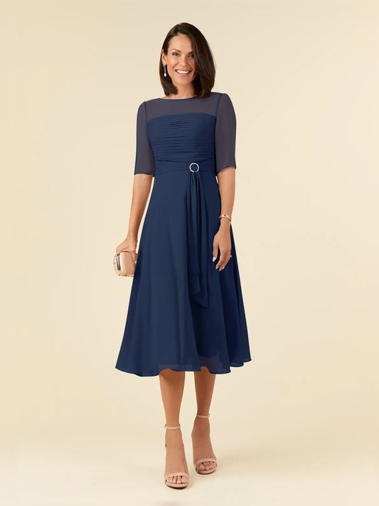 Dark Navy midi mother of the bride dress, front view showing the a-line silhouette