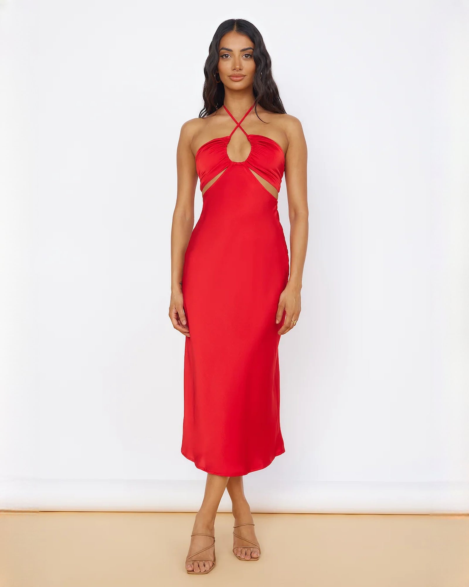 sleeveless satin a-line midi bridesmaid dress - image 1