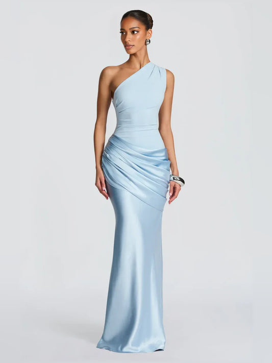 Light Blue mermaid floor-length formal dress with one-shoulder neckline, full-length front view