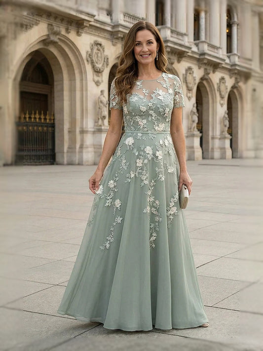Dusty Sage floor-length mother of the bride dress, front view showing the a-line silhouette
