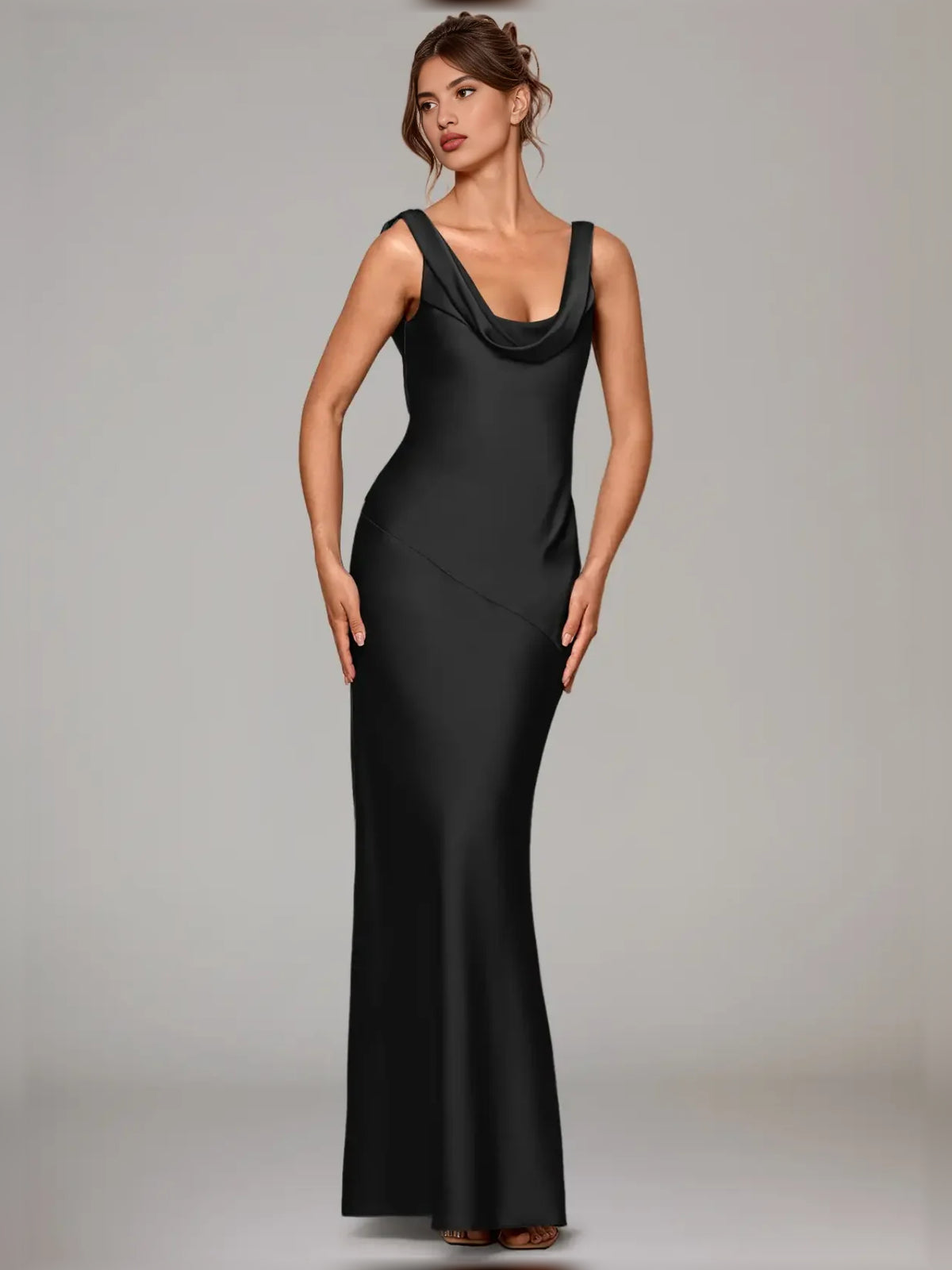 Black floor-length bridesmaid dress, front view showing the a-line silhouette