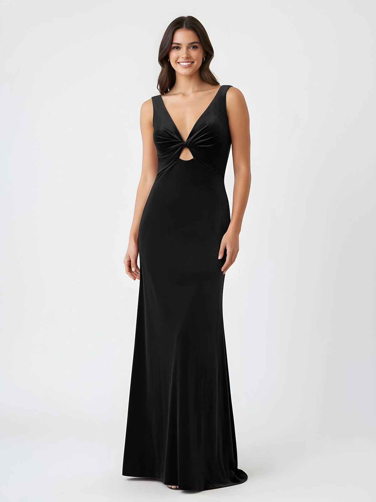 Black mermaid floor-length formal dress with V-neckline, full-length front view