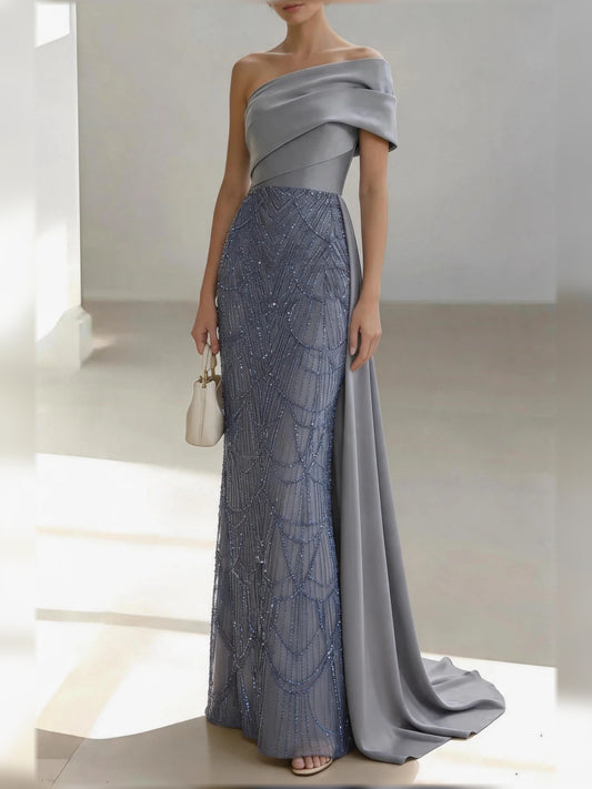 Silver floor-length mother of the bride dress, front view showing the mermaid silhouette