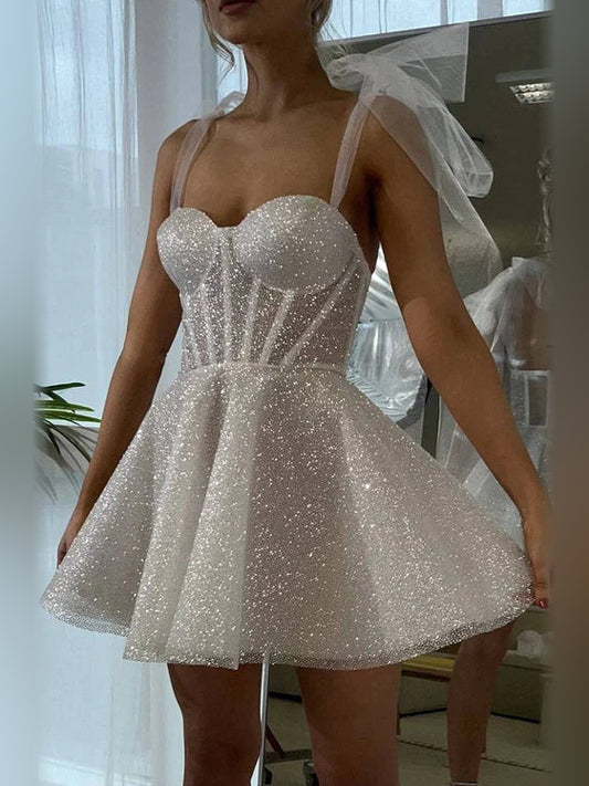 Ivory short homecoming dress, alternate view showing the full-length silhouette