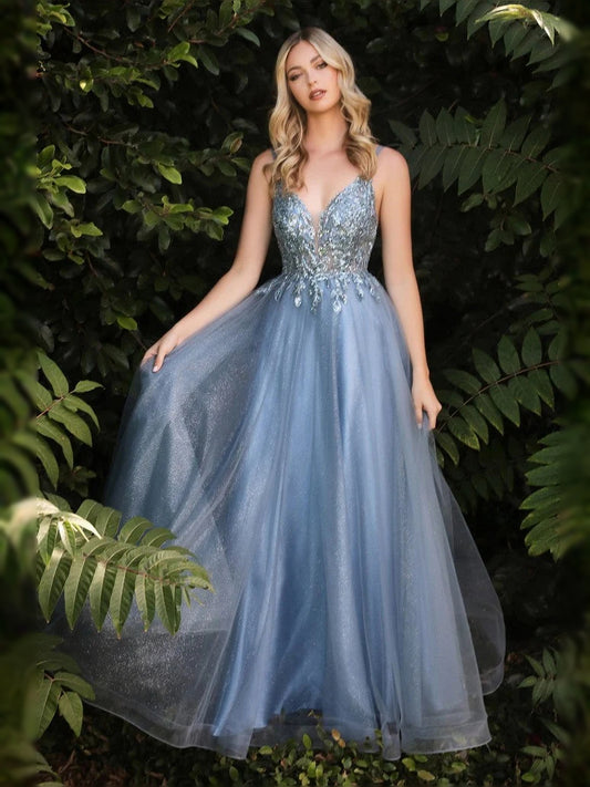 Sky Blue floor-length prom dress, front view showing the a-line silhouette