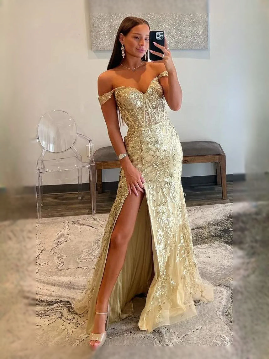 Gold floor-length prom dress, front view showing the mermaid silhouette
