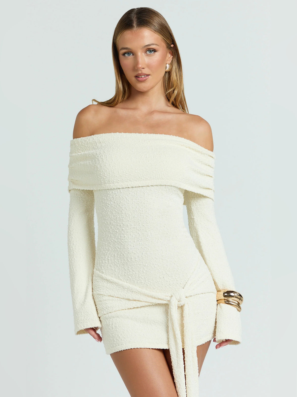 Cream mini homecoming dress, front view showing the silhouette