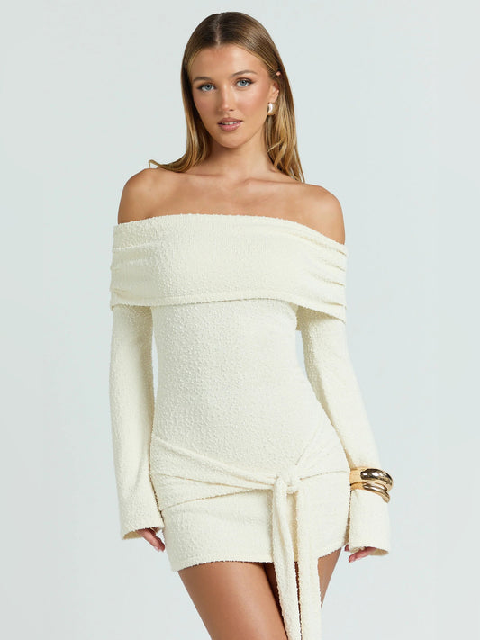 Cream mini homecoming dress, front view showing the silhouette