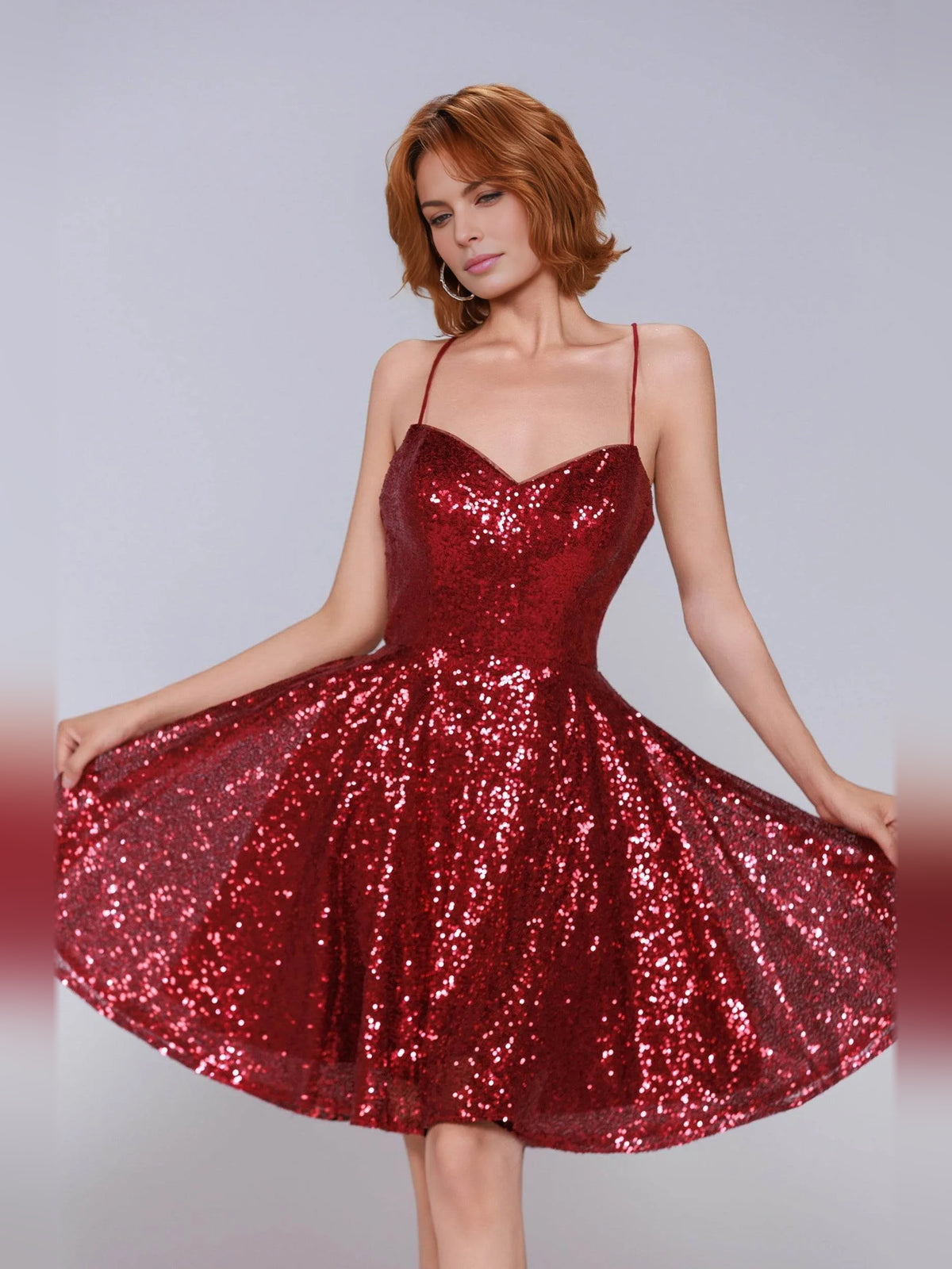 Burgundy mini homecoming dress, alternate view showing the full-length silhouette