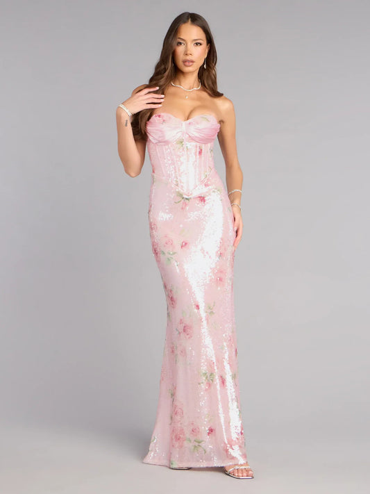 Pink mermaid floor-length formal dress with sweetheart neckline, full-length front view