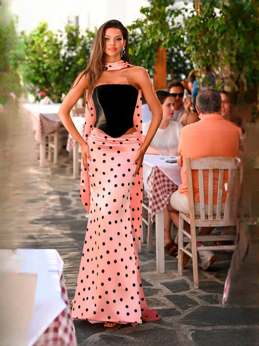 Pink Black Polka maxi prom dress, front view showing the mermaid silhouette