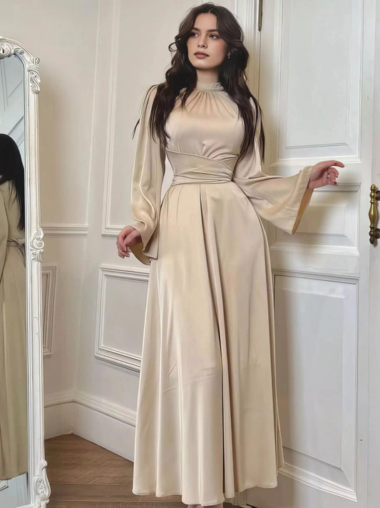 Champagne floor-length mother of the bride dress, front view showing the a-line silhouette