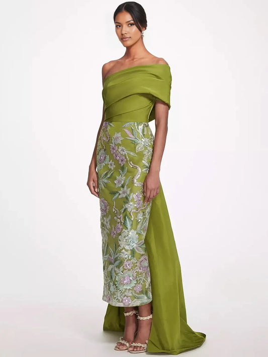 Olive Green column floor-length formal dress with one-shoulder neckline, full-length front view