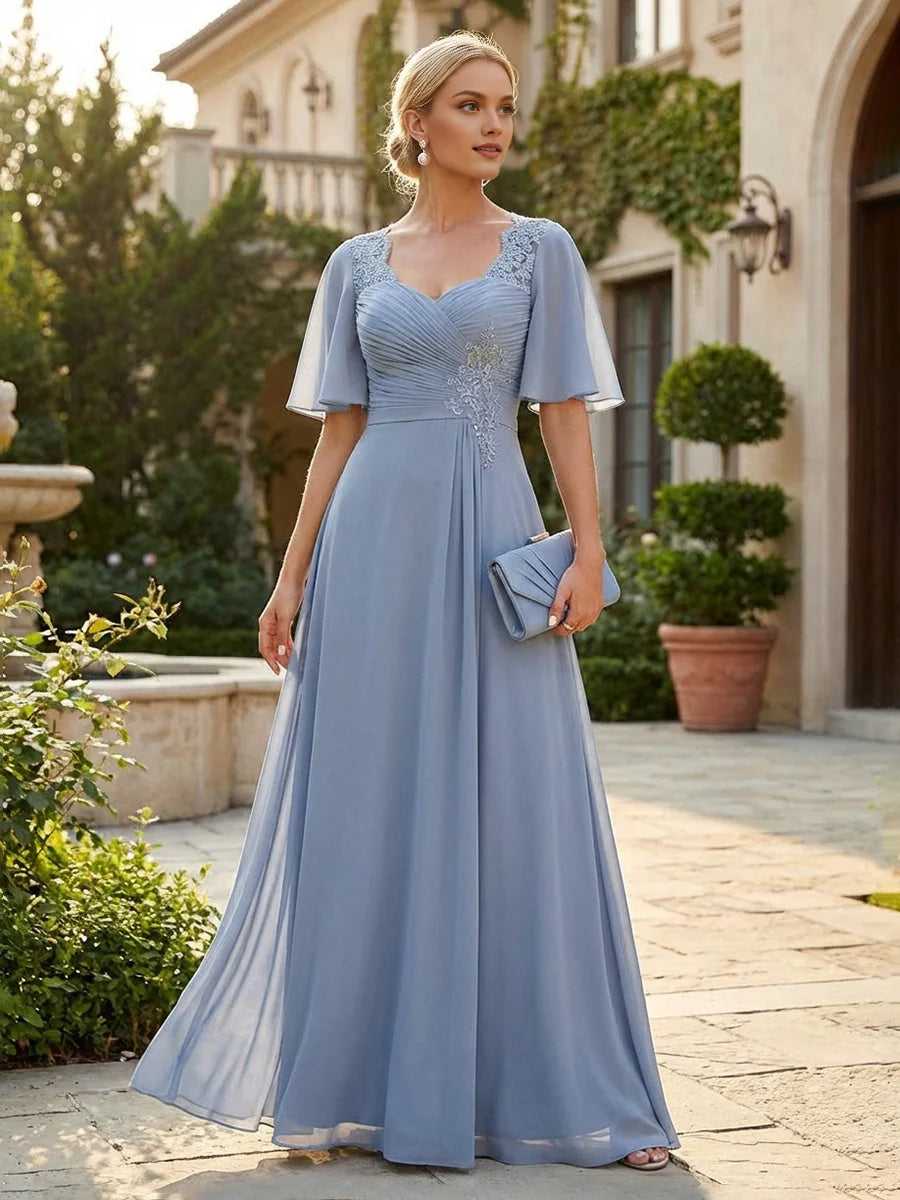 Dusty Blue floor-length mother of the bride dress, front view showing the a-line silhouette