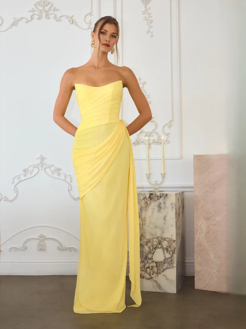 Yellow floor-length prom dress, front view showing the mermaid silhouette