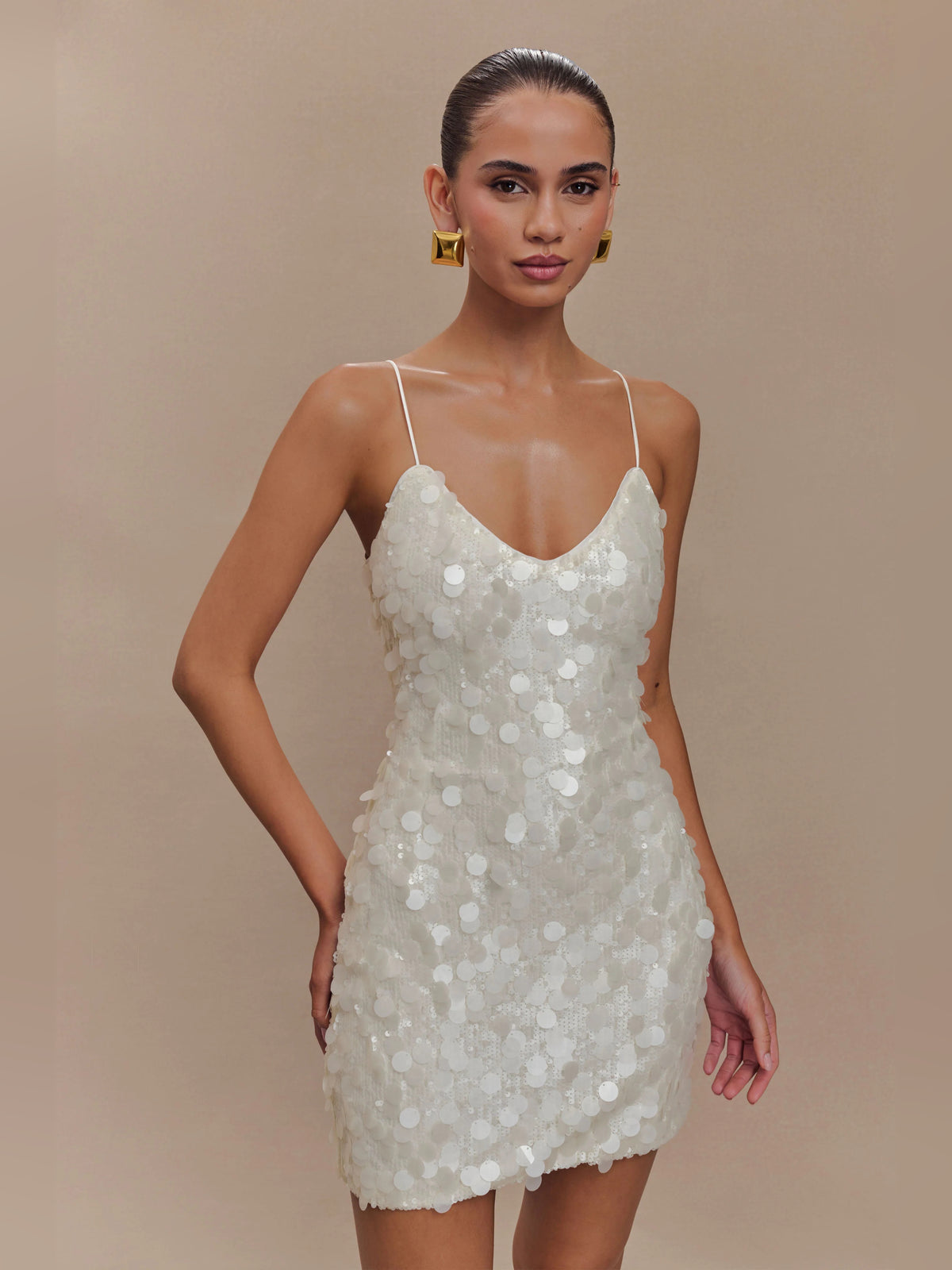 Ivory mini homecoming dress, front view showing the silhouette