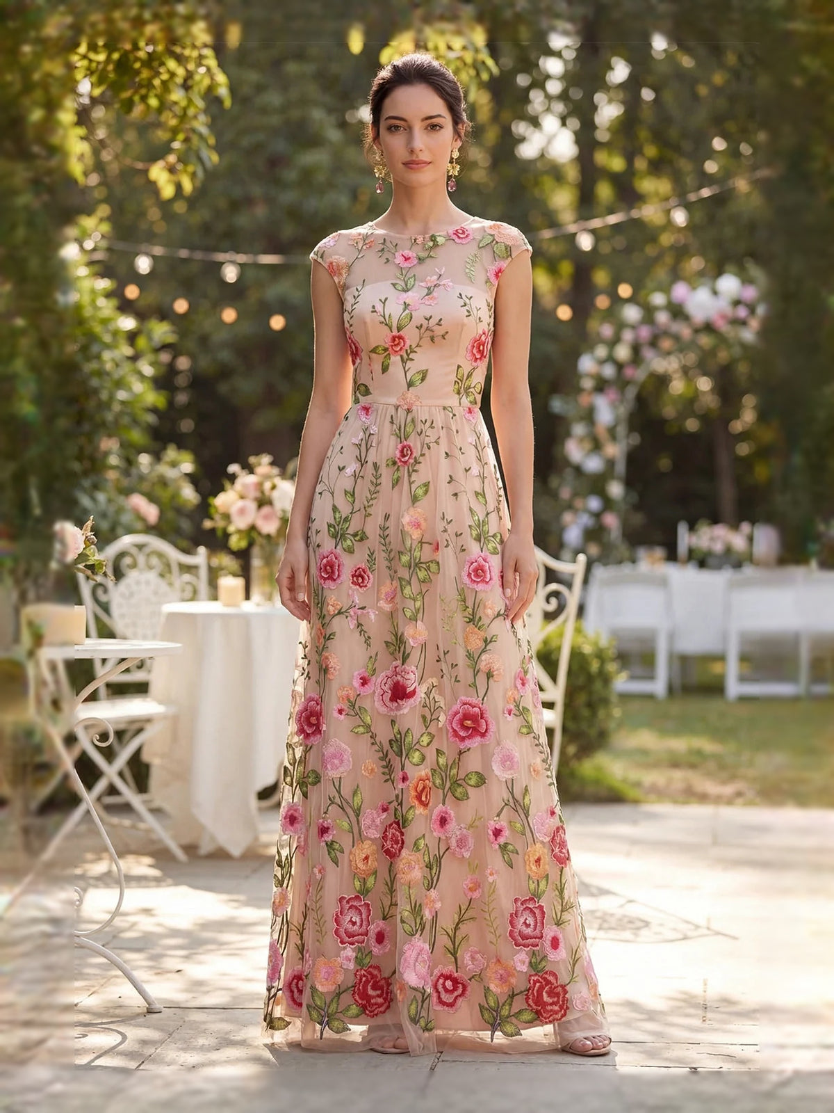 Rose Gold floor-length prom dress, front view showing the a-line silhouette