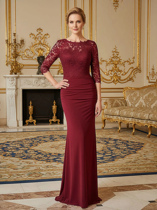 Burgundy maxi mother of the bride dress, front view showing the sheath silhouette