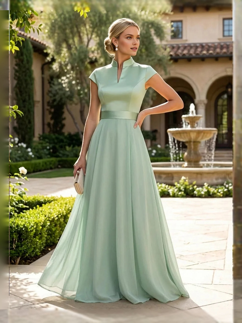 Mint Green floor-length mother of the bride dress, front view showing the a-line silhouette