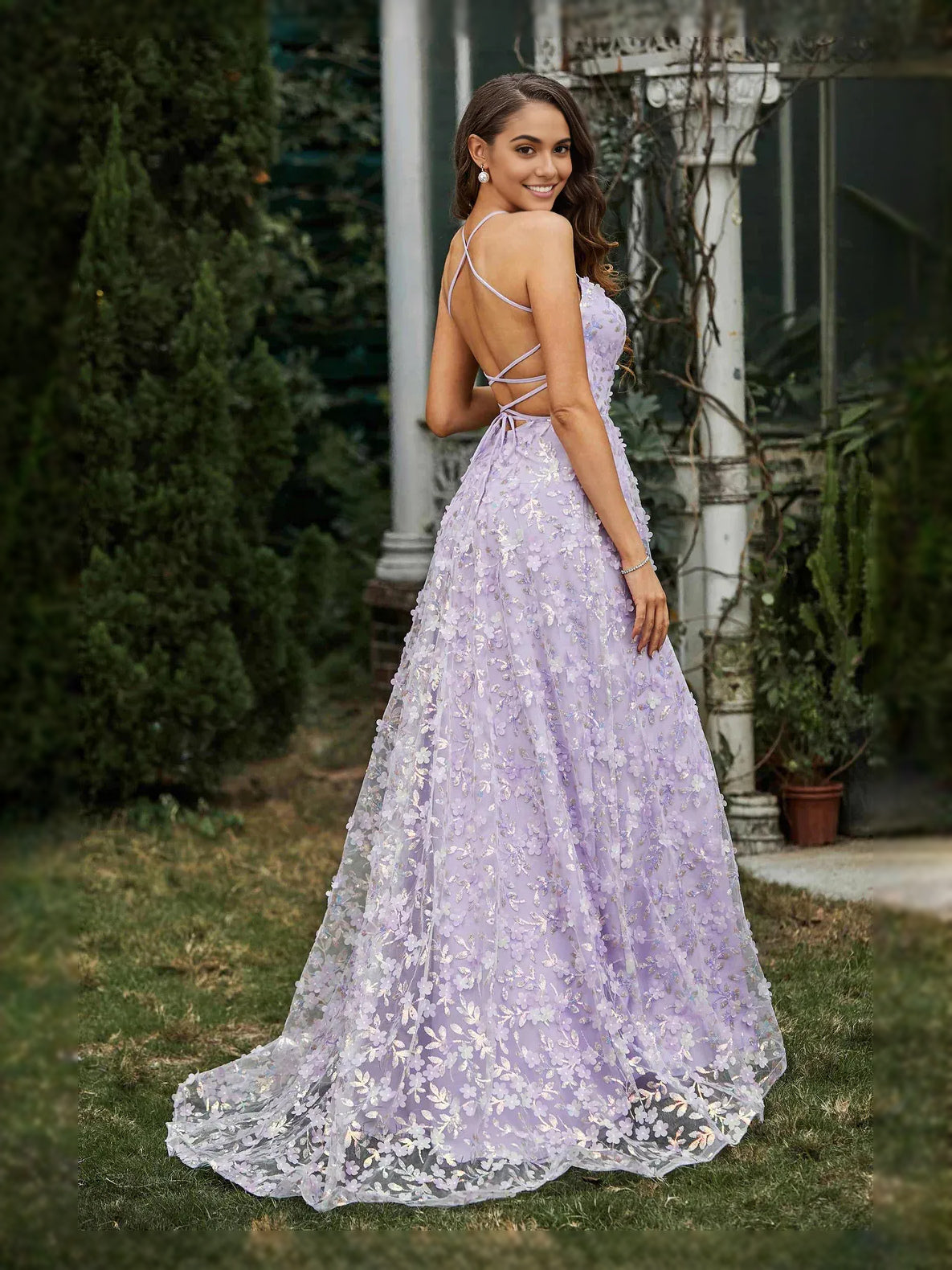 Lilac floor-length prom dress, front view showing the a-line silhouette