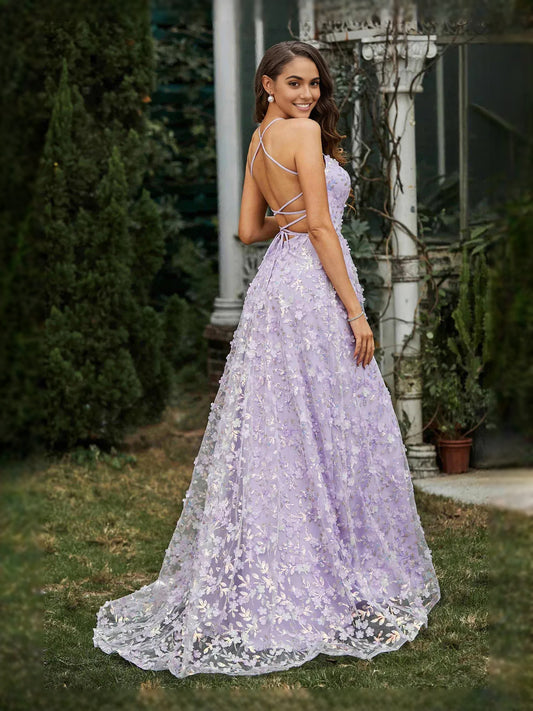 Lilac floor-length prom dress, front view showing the a-line silhouette