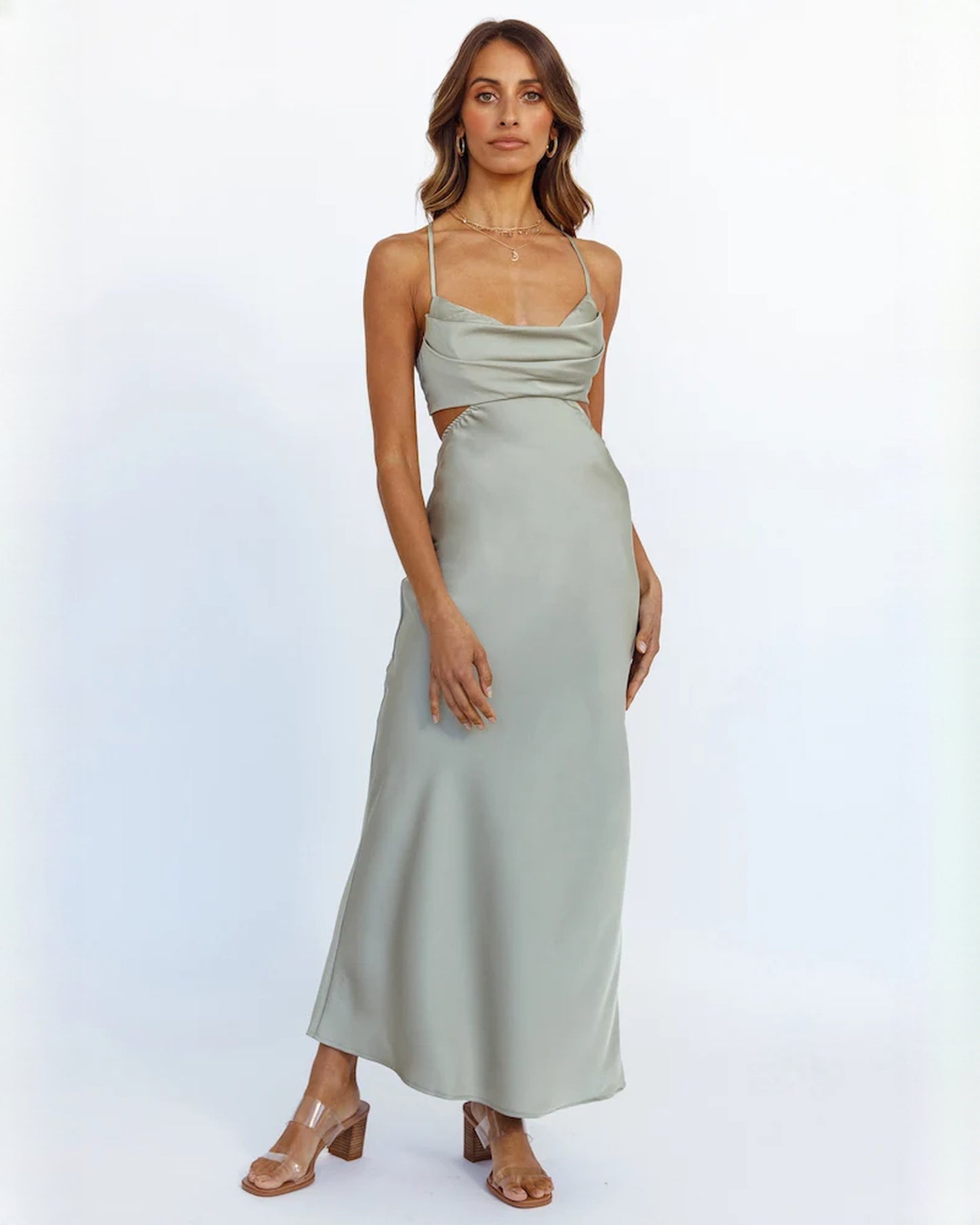 sleeveless satin a-line maxi bridesmaid dress - image 1