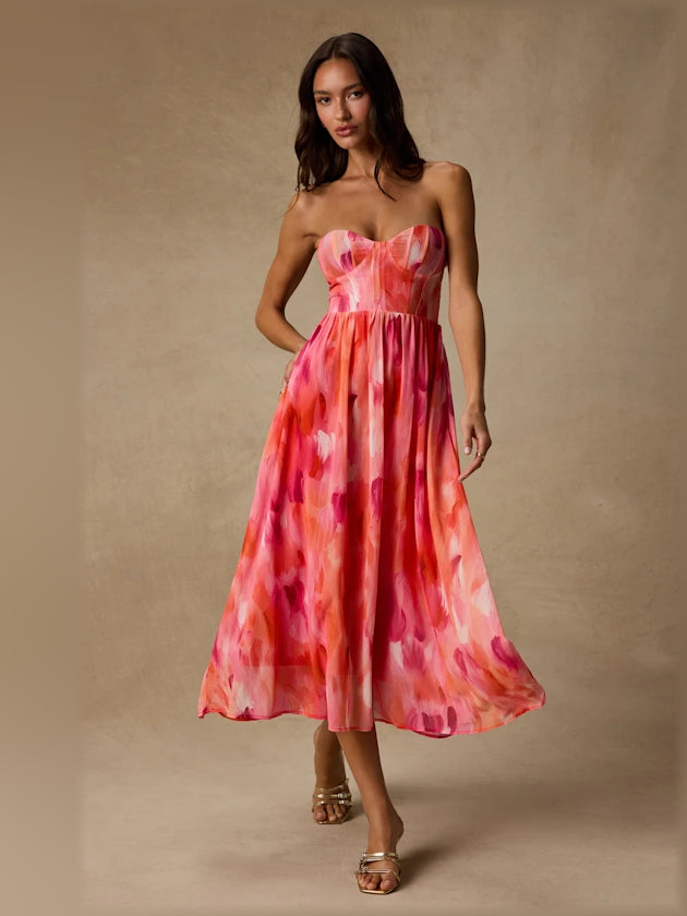 Coral Pink midi formal dress with strapless neckline, full-length front view