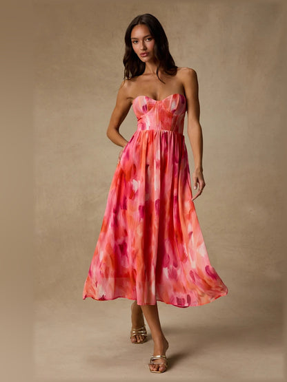 Coral Pink midi formal dress with strapless neckline, full-length front view