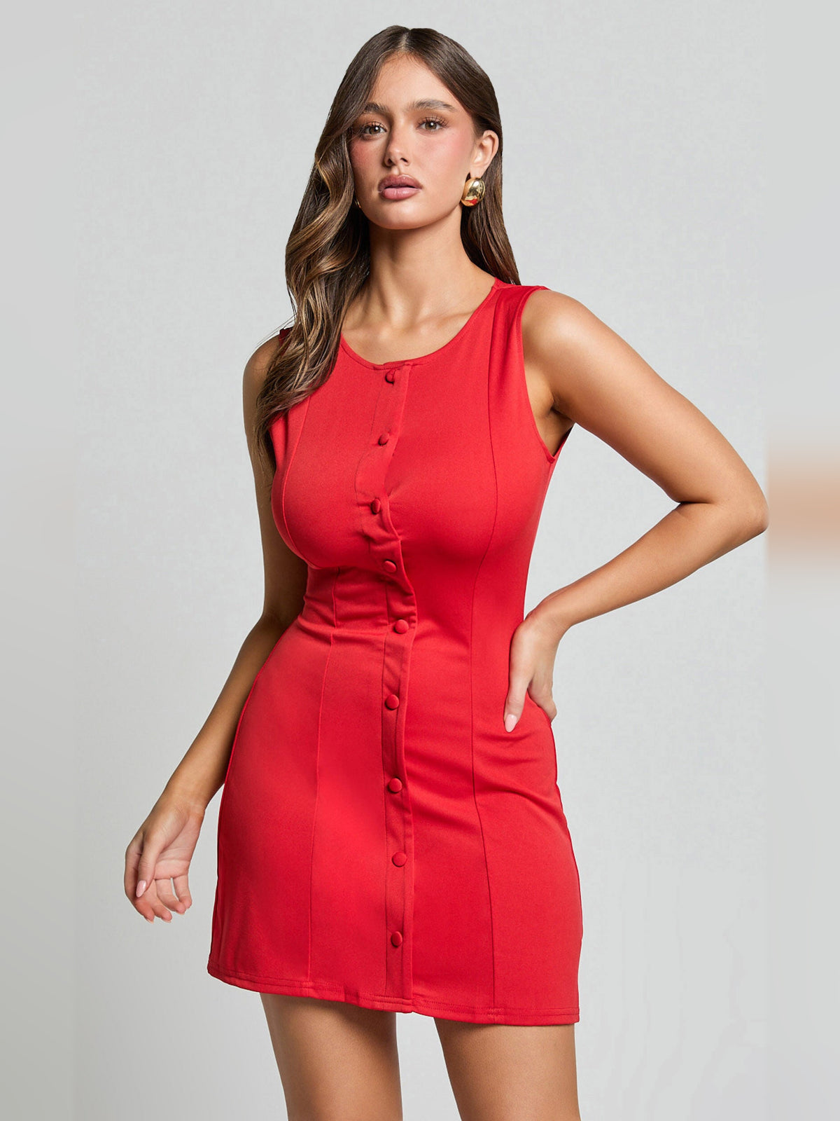 Red mini homecoming dress, front view showing the a-line silhouette