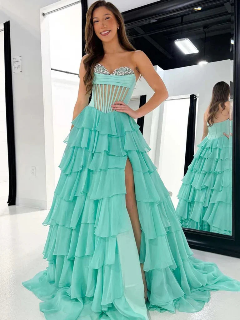 Turquoise floor-length prom dress, front view showing the a-line silhouette