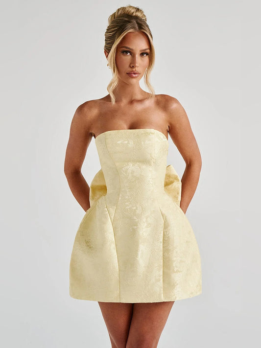 Lemon mini homecoming dress, front view showing the silhouette