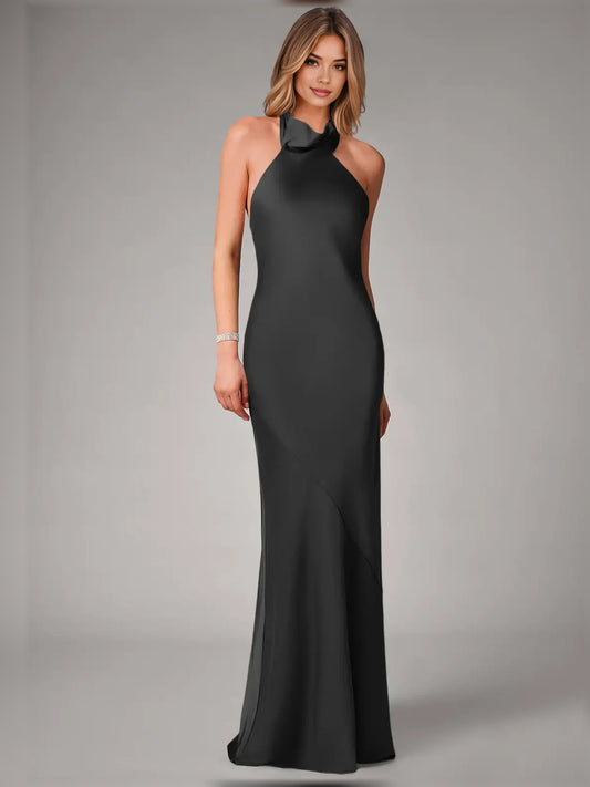Black floor-length bridesmaid dress, front view showing the mermaid silhouette