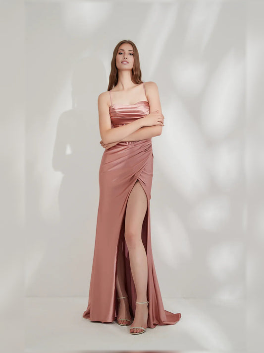 Rose Gold mermaid floor-length formal dress with cowl neckline, full-length front view