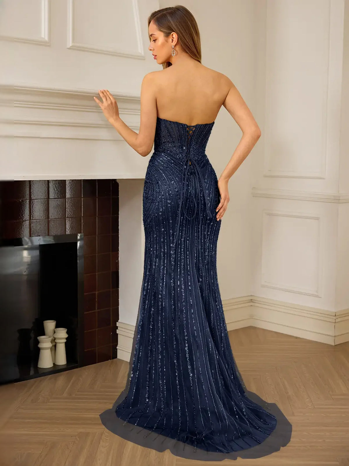 Dark Navy floor-length prom dress, front view showing the mermaid silhouette