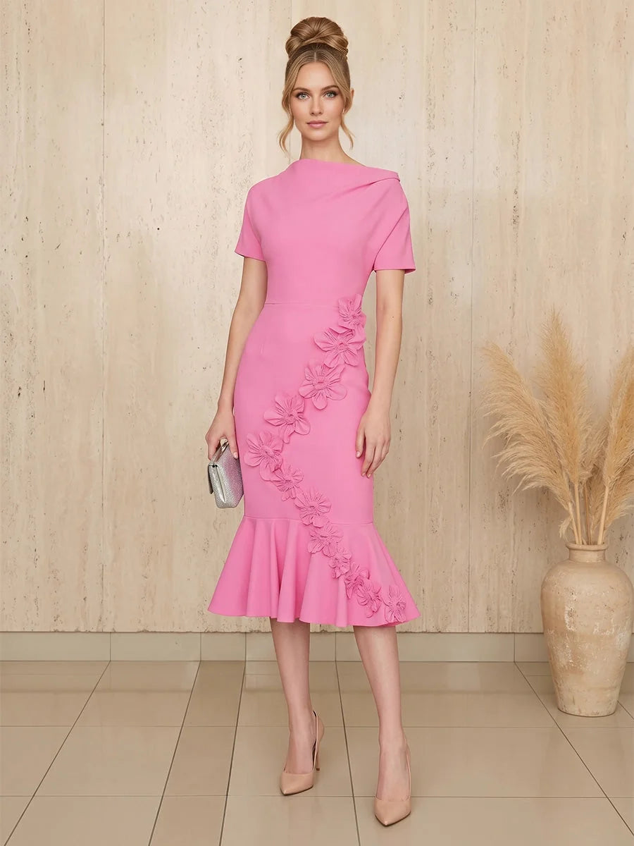 Pink short mother of the bride dress, front view showing the mermaid silhouette
