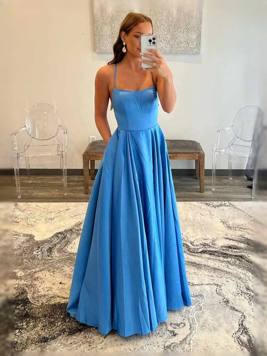 Sky Blue maxi prom dress, front view showing the a-line silhouette