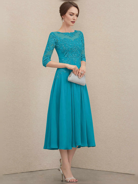 Jade knee-length mother of the bride dress, front view showing the a-line silhouette