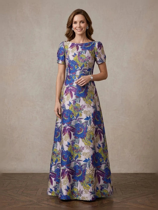 Cobalt Blue floor-length mother of the bride dress, front view showing the a-line silhouette