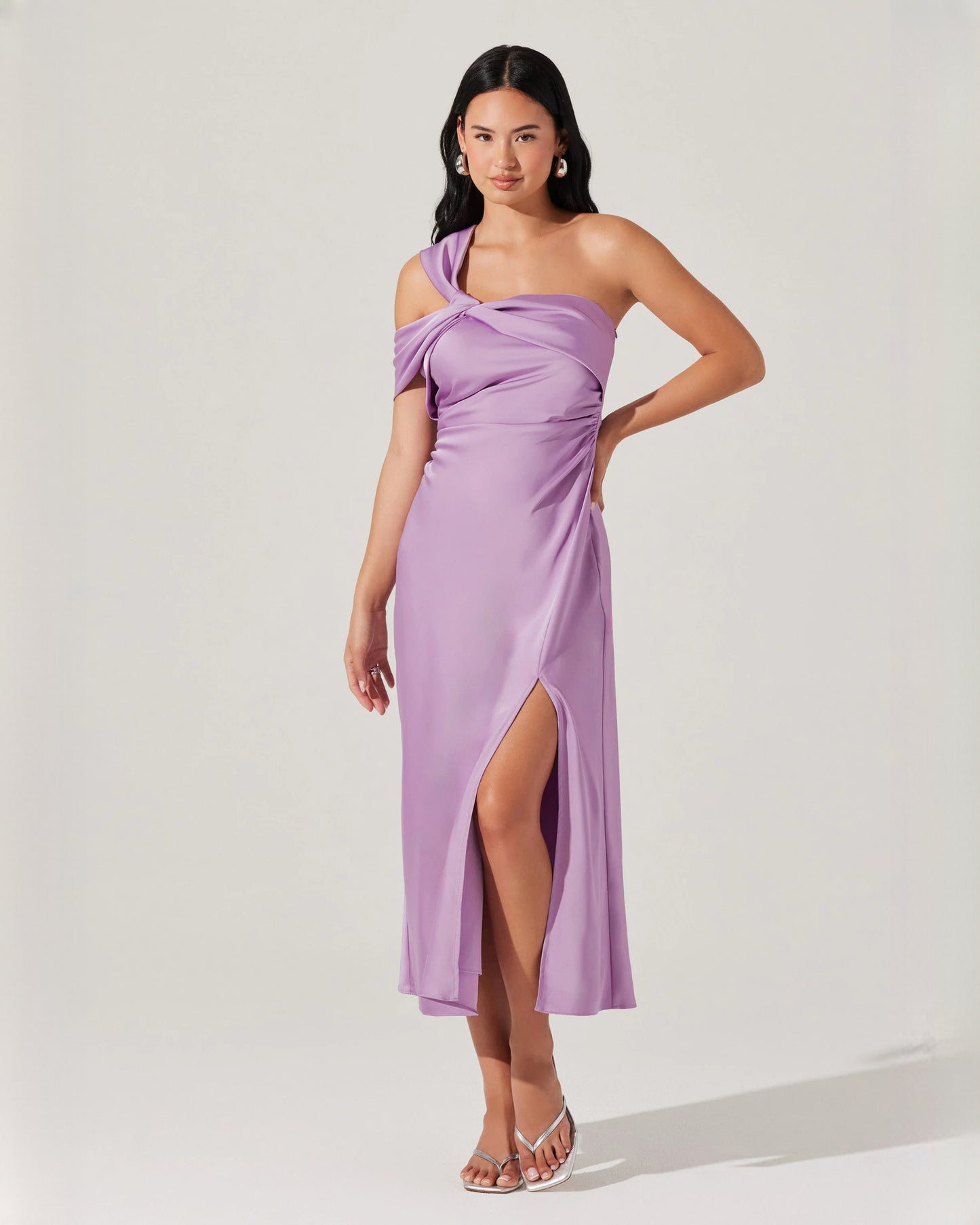 one-shoulder satin a-line midi bridesmaid dress - image 1